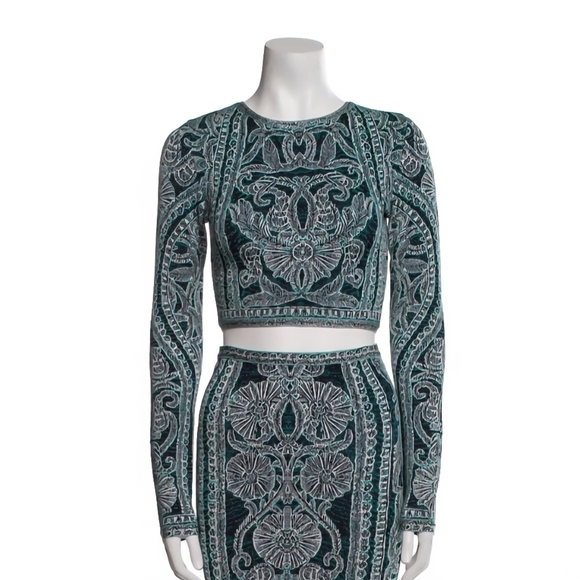 Herve Leger Mackenzie Intarsia Knit Jacquard Cropped Long Sleeve Top - Picture 3 of 16